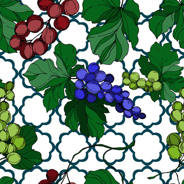 Vector Grape berry healthy food. Black and white engraved ink art. Seamless background pattern. - ベクター画像