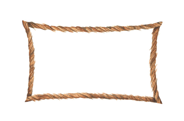 Pintura de acuarela de marco de cuerda marrón. Aislado sobre fondo blanco. Estilo náutico
. - Foto, imagen