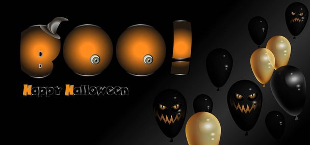 Ilustración vectorial de una pancarta de Halloween. Un grupo de globos con una cara sobre un fondo negro. El boo.Happy inscripción de Halloween
. - Vector, imagen