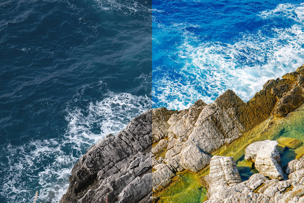 Photo before and after the image editing process. Sea rocks - Φωτογραφία, εικόνα