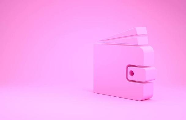 Rózsaszín pénztárca ikon elszigetelt rózsaszín háttérrel. Minimalizmus koncepció. 3d illusztráció 3d render - Fotó, kép