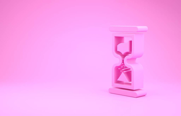 Reloj de arena rosa viejo con el icono de arena que fluye aislado en el fondo rosa. Señal de reloj de arena. Concepto de negocio y gestión del tiempo. Concepto minimalista. 3D ilustración 3D render - Foto, imagen