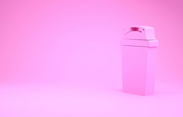Pinkfarbenes Fitness-Shaker-Symbol auf rosa Hintergrund. Sport-Shakerflasche mit Deckel für Wasser und Proteincocktails. Minimalismus-Konzept. 3D Illustration 3D Renderer - Foto, Bild