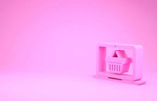 Pink Shopping корзина на экране ноутбука иконка изолирована на розовом фоне. Концепция электронной коммерции, электронного бизнеса, интернет-маркетинга. Концепция минимализма. 3D-рендеринг
 - Фото, изображение