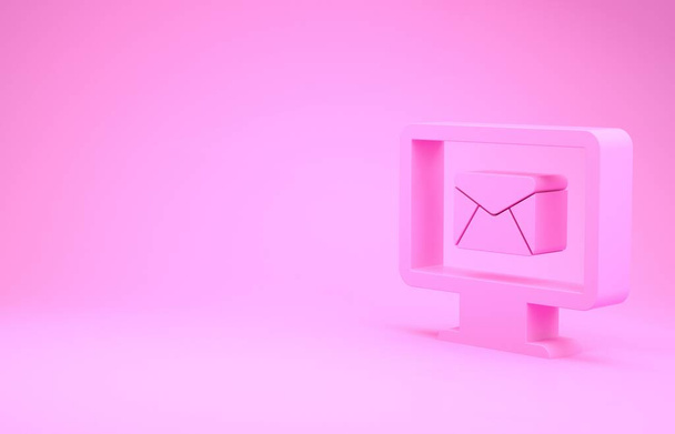 Pink Monitor και φάκελος, νέο μήνυμα, ταχυδρομείο, e-mail εικονίδιο απομονώνονται σε ροζ φόντο. Χρήση για ενημερωτικά δελτία ηλεκτρονικού ταχυδρομείου, κεφαλίδες, αναρτήσεις blog. Μινιμαλιστική έννοια. 3D απεικόνιση 3d καθιστούν - Φωτογραφία, εικόνα