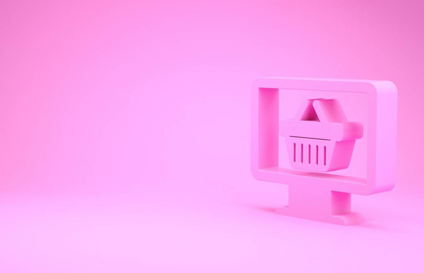Růžový počítač monitor s ikonou nákupního košíku izolované na růžovém pozadí. Nákupní košík online. Symbol supermarketu. Minimalismus. 3D ilustrace 3D vykreslení - Fotografie, Obrázek