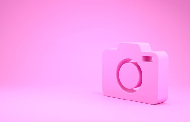 Рожева фотокамера ізольована на рожевому фоні. Піктограма фотоапарата. Концепція мінімалізму. 3D ілюстрація 3D рендеринга
 - Фото, зображення