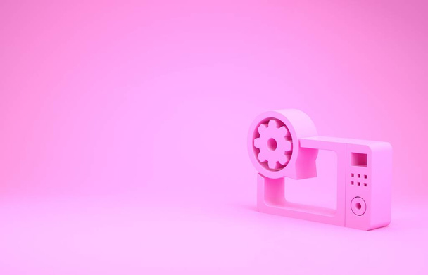 ピンクの電子レンジとギアアイコンはピンクの背景に隔離されています。アプリ、サービスコンセプト、設定オプション、メンテナンス、修理、修正を調整します。最小限の概念。3Dイラスト3Dレンダリング - 写真・画像