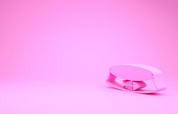 Pink Pet food bowl for cat or dog icon isolated on pink background. Fish skeleton sign. Minimalism concept. 3d illustration 3D render - Photo, image