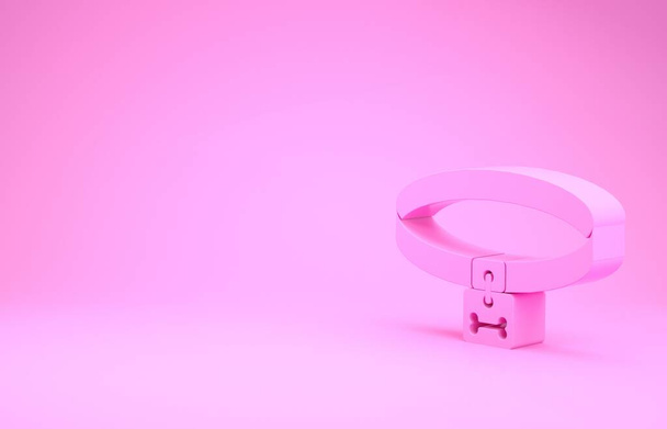 Coleira de cachorro rosa com etiqueta de nome e ícone de placa óssea isolado no fundo rosa. Suprimentos para animais domésticos. Cuidado com cães e gatos. Cadeias de cães de estimação. Conceito de minimalismo. 3D ilustração 3D render - Foto, Imagem