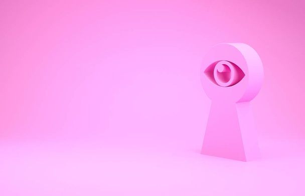 Buco di serratura rosa con icona occhio isolato su sfondo rosa. L'occhio guarda nel buco della serratura. Buco della serratura. Concetto minimalista. Illustrazione 3d rendering 3D
 - Foto, immagini