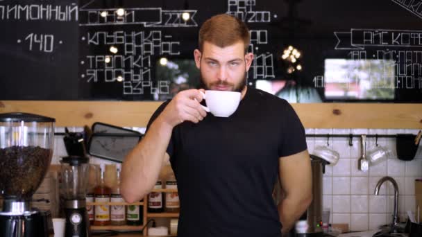 Barista barista in un caffè dietro al bar con una tazza di caffè
. - Filmati, video