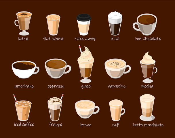 Coffee cup set vector isolated. Capuccino, latte, frappe - ベクター画像