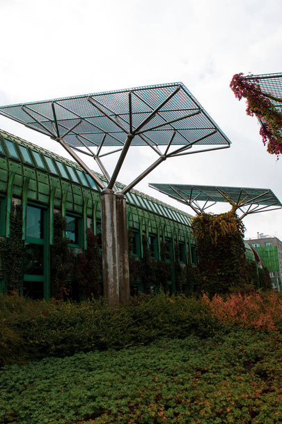Paysage d'automne cosmique du futur - plantes grimpantes sur des structures métalliques inhabituelles similaires aux panneaux solaires
. - Photo, image