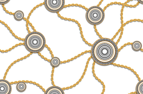 Motif de mode sans couture Vinttage de chaînes dorées et motif versace isolé sur fond blanc. Tissu Design Arrière-plan avec chaîne
. - Photo, image