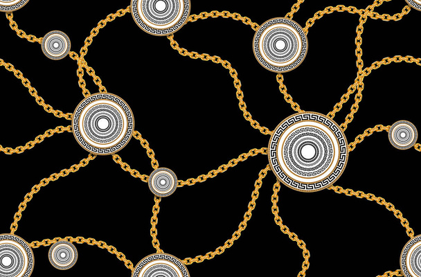 Vinttage naadloos mode patroon van gouden kettingen en Versace-motief geïsoleerd op zwarte achtergrond. Stof ontwerp achtergrond met ketting. - Foto, afbeelding