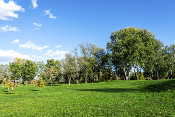 クロアチアのザグレブにあるブンデク市公園の晴れた日にある大きな緑の芝生 - 写真・画像