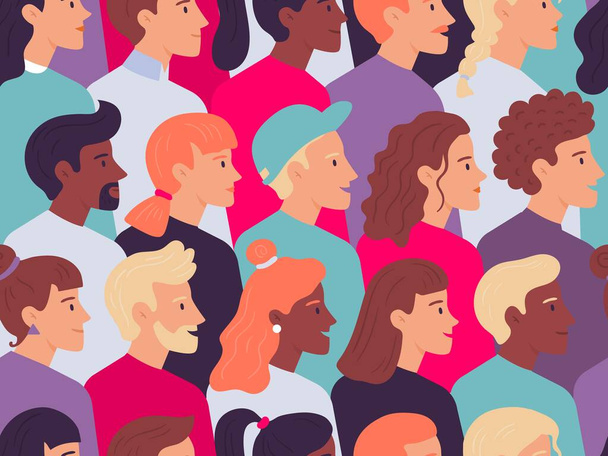 Seamless profile people pattern. Male and female faces side portrait crowd, young person profiles portraits vector illustration - ベクター画像