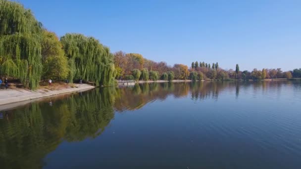 die ruhige Weite des Herbstsees. Langsam fliegt eine Drohne über den See. Herbstbäume am Ufer färbten sich gelb. Klarer Himmel. Stadt vatutino, Ukraine. - Filmmaterial, Video