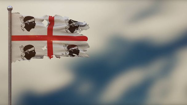 Sardynia 3d postrzępiona flaga na maszcie flagowym. - Zdjęcie, obraz