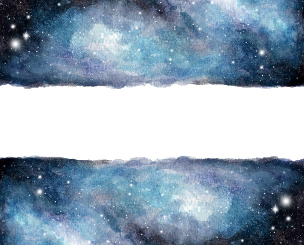 Aquarel sterrenstelsel hemel achtergrond met sterren. Universum gevuld met sterren, kosmische layout met ruimte voor tekst. - Foto, afbeelding