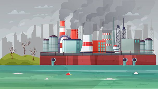 Milieuverontreiniging vector illustratie. Luchtverontreiniging, vervuilend mistgas en industriële smog. Fabrieken die rook uitstoten via schoorstenen - Vector, afbeelding