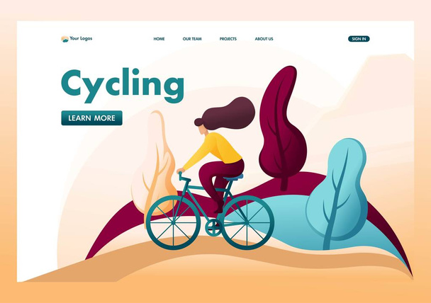 junges Mädchen auf dem Fahrrad, Radfahren an der frischen Luft, im Park, im Wald. flache 2D-Zeichen. Landing Page Konzepte und Webdesign - Vektor, Bild