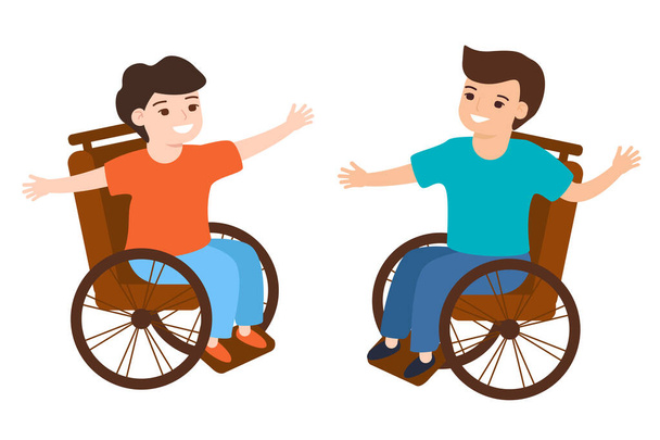 Glimlachende gehandicapte jongens in een rolstoel, communicatie, spelen. Vriendschap van kinderen. Vectorillustratie geïsoleerd - Vector, afbeelding