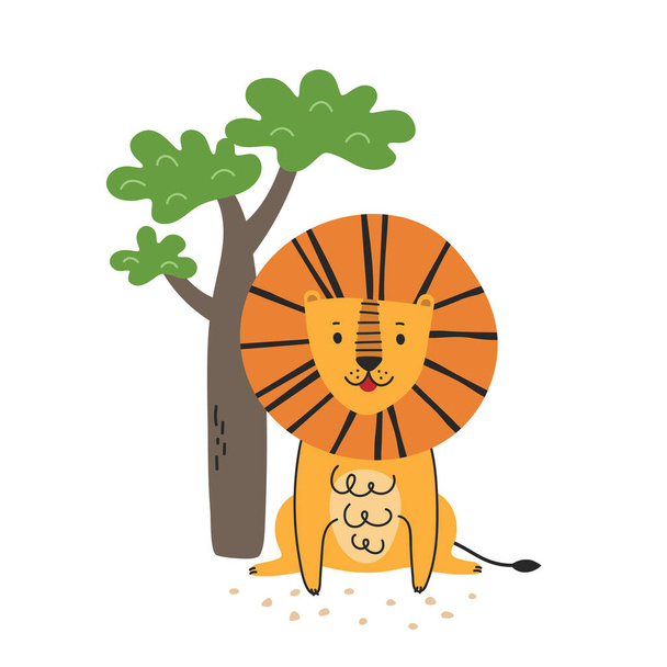 Funny cartoon lion. Scandinavian style flat design. Concept for children print. Isolated object. Vector. - Vecteur, image