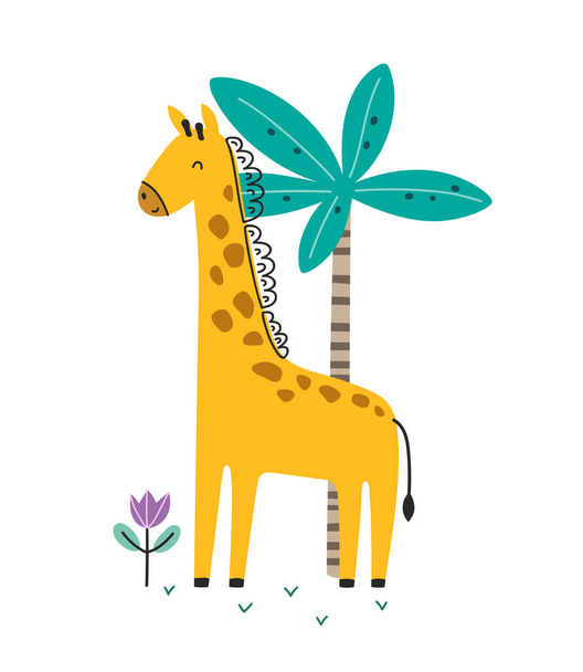 Cute cartoon little giraffe. Scandinavian style flat design. Concept for children print. Isolated object. African animal wildlife. Vector. - Vector, Imagen