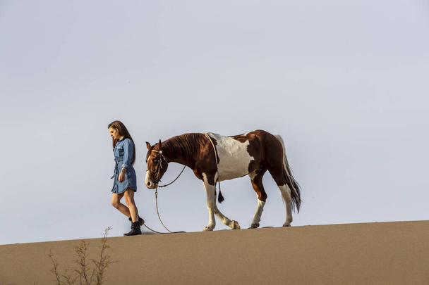 ein reizendes brünettes Model geht an einem Sommertag mit ihrem Pferd durch die Wüste  - Foto, Bild