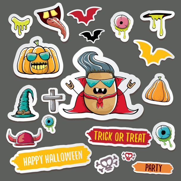 Vector halloween sticker icons set with dracula, witch hat, scary pumpkin, bat , skull, happy halloween text, demon and zombie eyes, wooden cemetry cross, monsters isolated on grey background. - Vector, Image