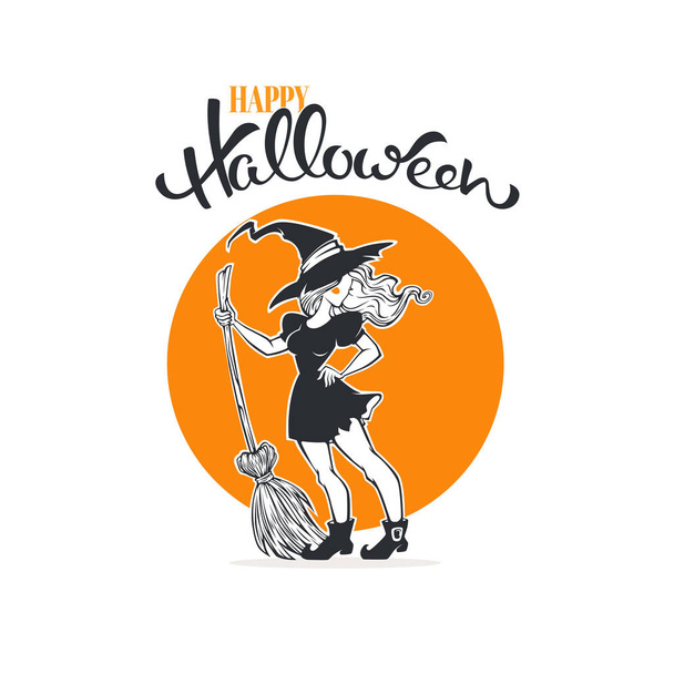 Happy Halloween. Halloween witch, greeting card template with yo - Vetor, Imagem