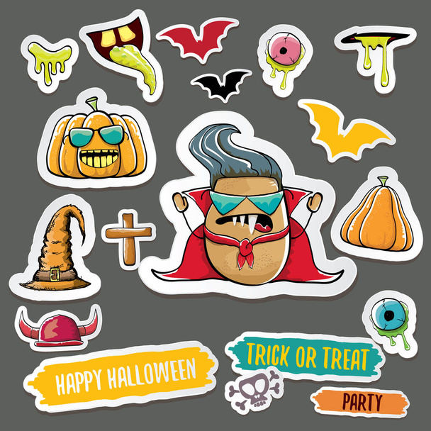 Vektorové halloween nálepky ikony set s dracula, čarodějnice klobouk, strašidelné dýně, netopýr, lebka, šťastný halloween text, démon a zombie oči, dřevěný hřbitov kříž, příšery izolované na šedém pozadí. - Vektor, obrázek