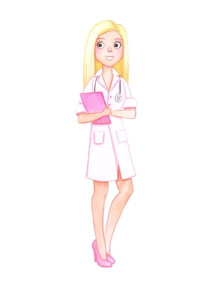 Akwarelowy charakter. Blondynka lekarz w białym płaszczu w różowych butach na wysokim obcasie ze stetoskopem i różową tabletką - Zdjęcie, obraz