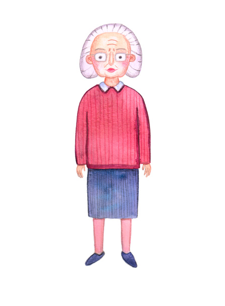 Watercolor character. Old woman grandmother with gray hair wearing glasses, in a burgundy sweater, blue skirt. - Photo, Image