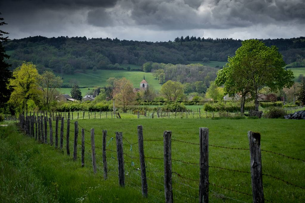曇った空の下、遠くに鉄条網の柵と森林の丘のある草原 - 写真・画像