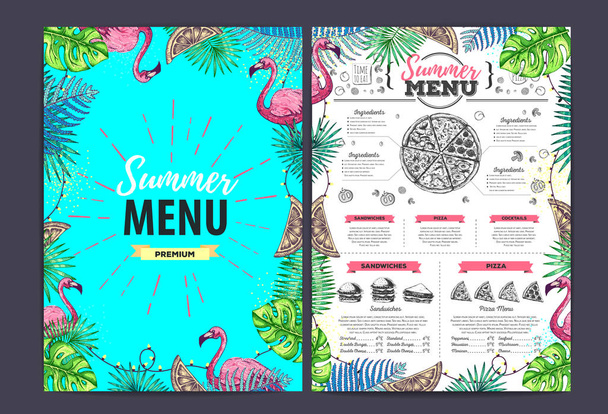 Restaurant summer menu design with tropic leaves and flamingo. Fast food menu - Вектор, зображення