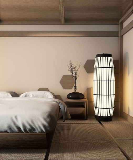 Wooden bed japanese style and zen lamp on tatami mat design hexa - Foto, Bild