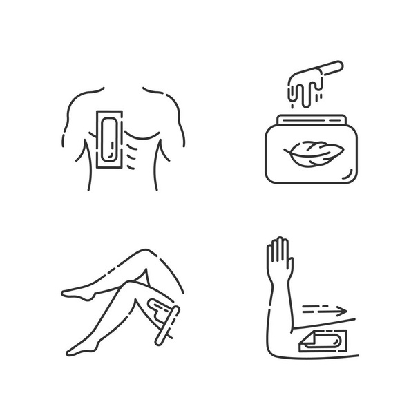 Soft waxing linear icons set. Chest, leg, arm hair removal with strips. Cold wax in jar. Female, male body depilation. Thin line contour symbols. Isolated vector outline illustrations. Editable stroke - Вектор,изображение