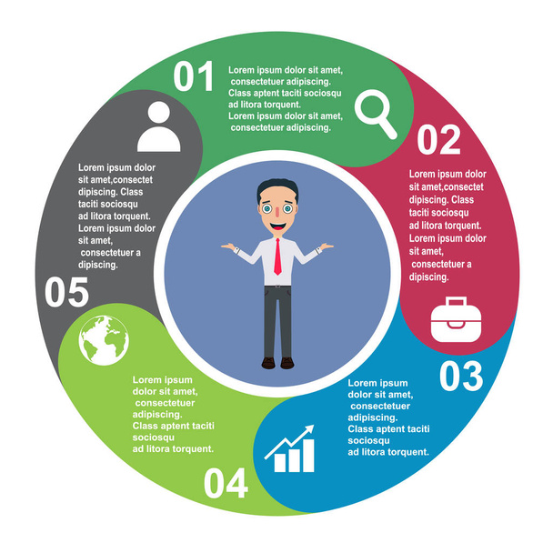 5 steps vector element in five colors with labels, infographic diagram. Business concept of 5 steps or options with businessman - Vector, imagen