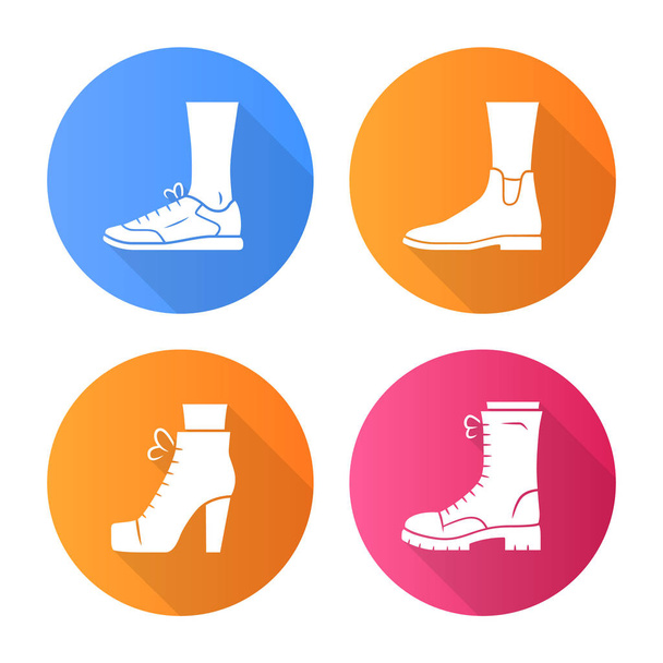 Women autumn shoes flat design long shadow glyph icons set. Female formal and casual footwear. Stylish unisex trainers, lita. Spring, winter and fall season ankle boots. Vector silhouette illustration - Wektor, obraz
