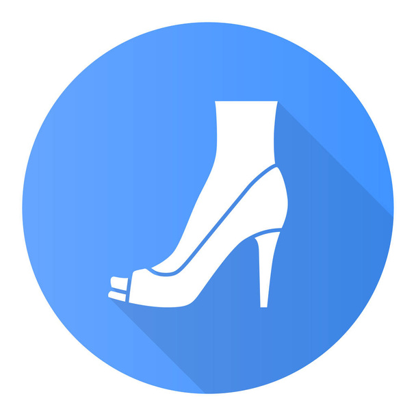 Peep toe high heels blue flat design long shadow glyph icon. Woman stylish footwear design. Female casual shoes, luxury summer stilettos. Party clothing accessory. Vector silhouette illustration - Vector, Image