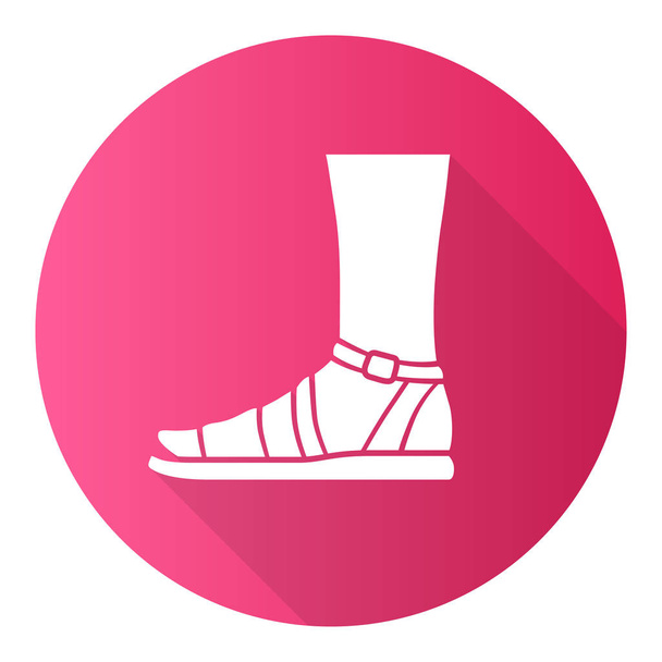Sandals pink flat design long shadow glyph icon. Woman stylish footwear design. Female casual shoes, modern summer flats with ankle strap. Ladies clothing accessory. Vector silhouette illustration - Вектор, зображення