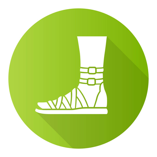 Gladiator sandals green flat design long shadow glyph icon. Woman stylish footwear design. Female casual shoes, modern summer flats with ankle strap side view. Vector silhouette illustration - Вектор, зображення