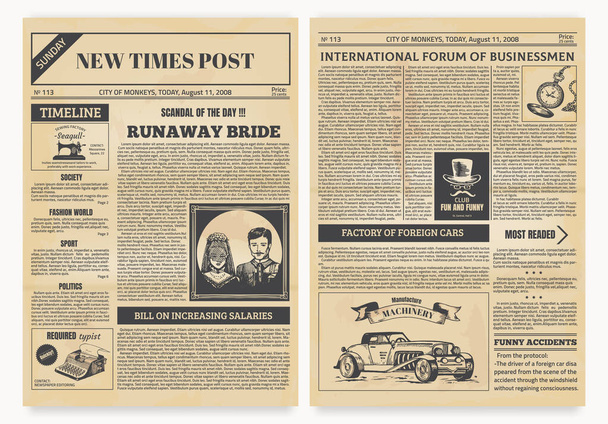 Vintage εφημερίδα. Ρετρό άρθρα και παλιές εικόνες με ρετρό εικονογραφήσεις, ρεαλιστικές σελίδες περιοδικών πρότυπο. Σχεδιασμός διανύσματος - Διάνυσμα, εικόνα