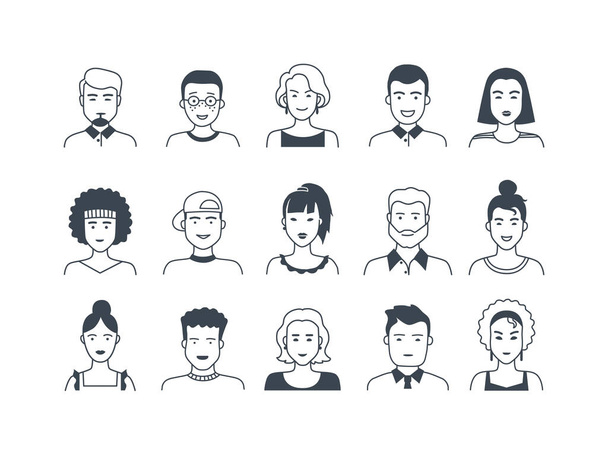 Εικόνες γραμμής 'βαταρ. Άνδρας και γυναίκα ζωγραφισμένα στο χέρι πρόσωπα κινουμένων σχεδίων, επίπεδα αγόρια και κορίτσια doodle χαρακτήρες. Διανυσματικό μοντέρνο σύνολο - Διάνυσμα, εικόνα