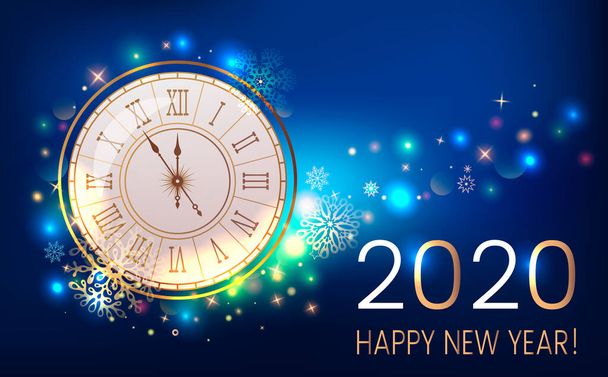Feliz año nuevo 2020 tarjeta de felicitación o bandera en el fondo de fuegos artificiales, brillo y estrellas. Año Nuevo y vacaciones concepto de Navidad
. - Vector, Imagen