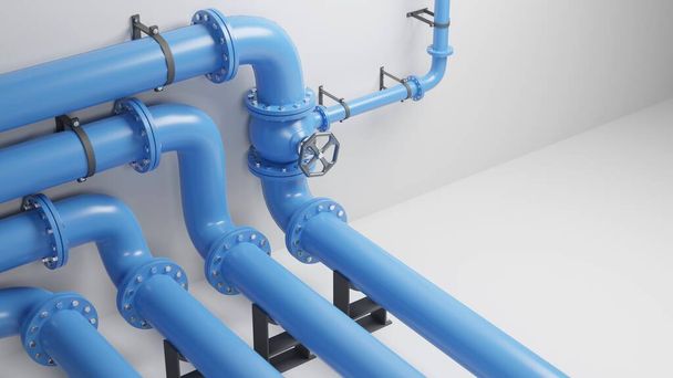 Blue industrial pipelines with valves on white background. Digital render image. - Photo, Image