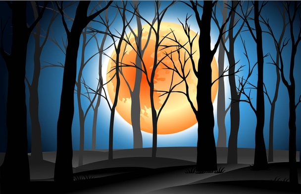 Landschaft Silhouette abgestorbene Bäume auf dem Friedhof mit Vollmond blauen Nachthintergrund . - Vektor, Bild